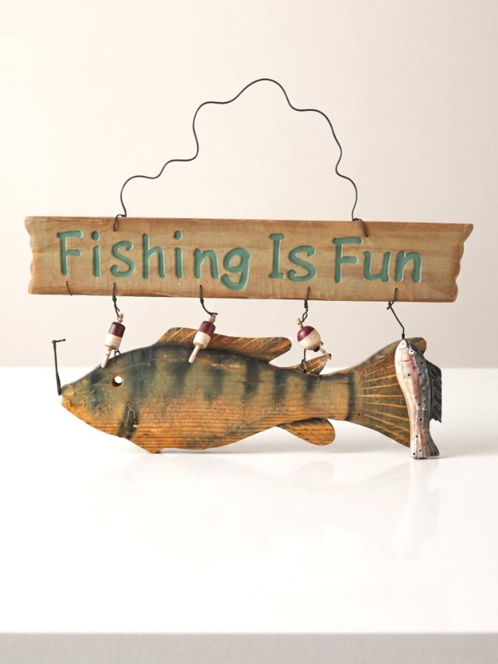 Fishing Is Fun Wooden Fish Wall Sign Rustic Lake House Cabin Decor 14”